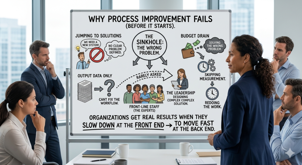 Business groups standing a write board that says "Why Process Improvement Fails before It Starts"
